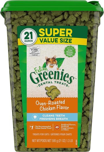 Greenies Feline Adult Natural Dental Care Cat Treats Oven Roasted Chicken Flavor, 21 oz. Tub