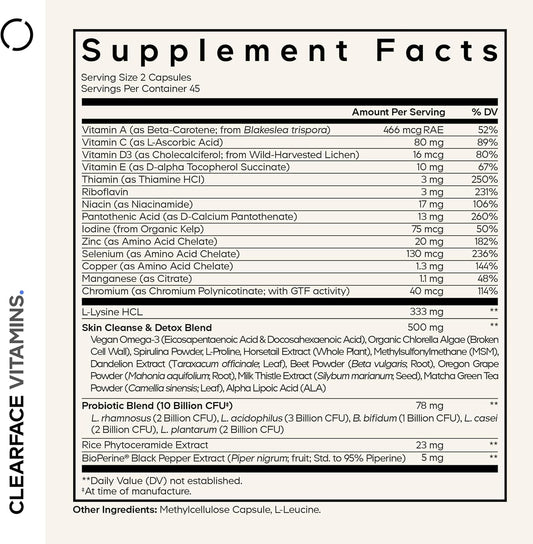 Codeage Clearface Pantothenic Acid, Niacin Supplement, Vitamins A, C, D3, E, Probiotics, Zinc, Riboflavin, Thiamin, L-Lysine Hcl & Omega-3, Niacinamide, Skin Botanical Blend - Non-Gmo - 90 Capsules
