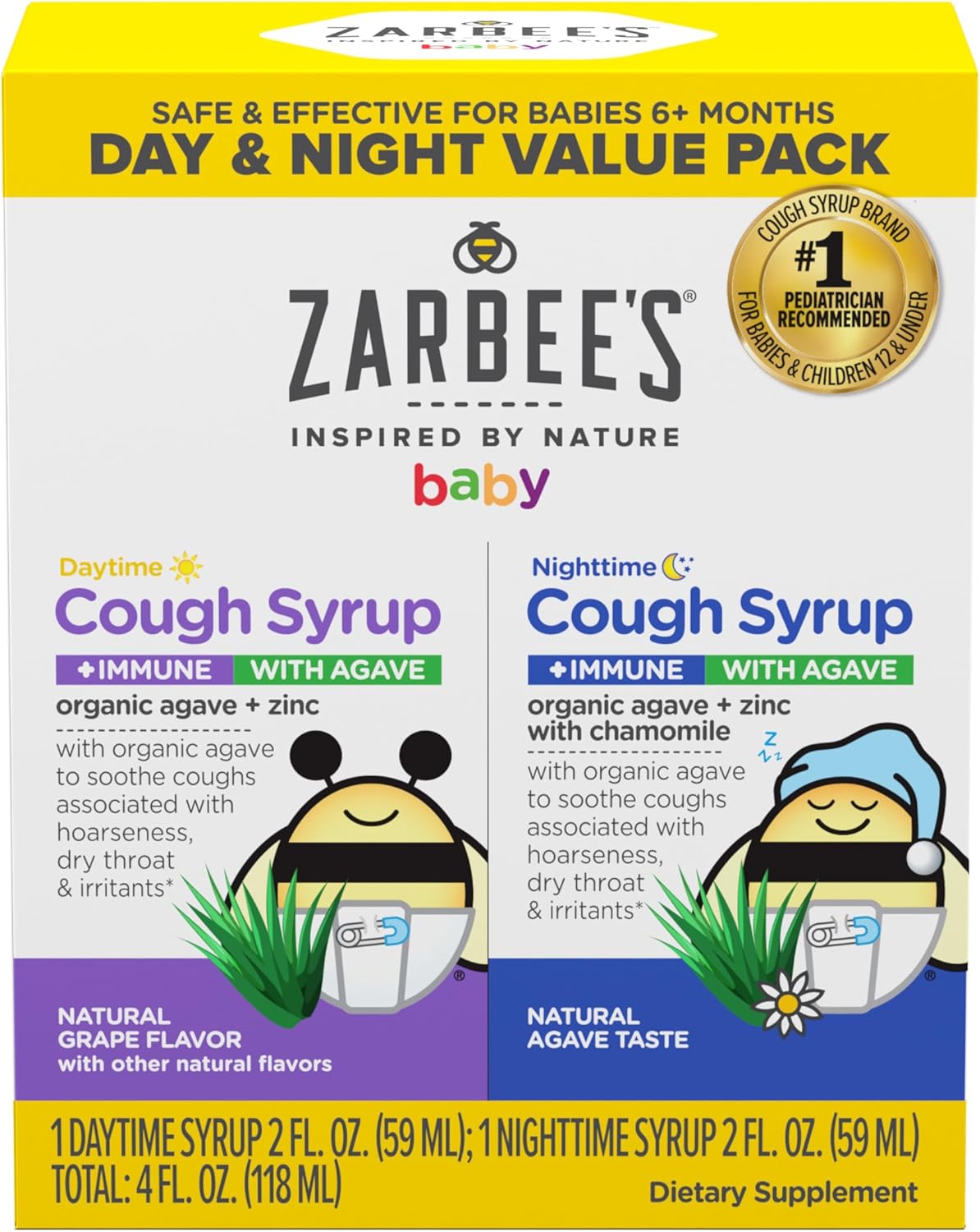 Zarbee'S Baby Daytime & Nighttime Cough Syrup + Immune With Organic Agave + Zinc, Daytime Cough Syrup, Grape, & Nighttime Cough Syrup With Chamomile, Agave Taste, Two Pack, 2 X 2 Fl. Oz