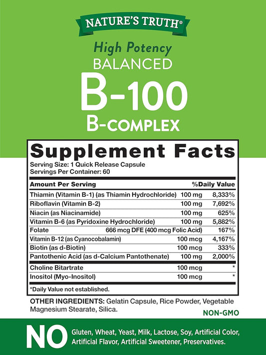 Vitamin B Complex | 60 Capsules | High Potency B-100 | Non-Gmo & Gluten Free Supplement | By Nature'S Truth