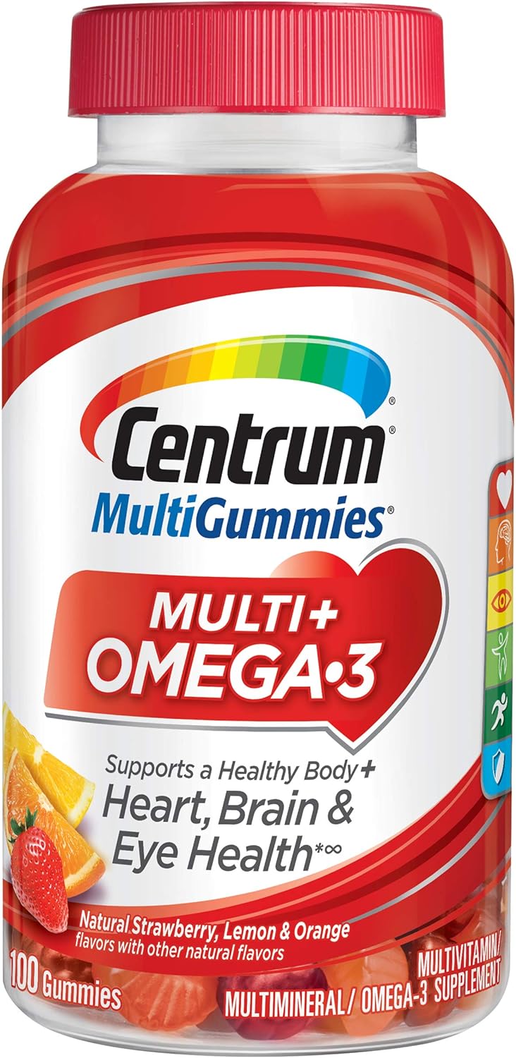 Centrum Multigummies Multi + Omega-3 Natural Strawberry, Lemon, Orange Avors Multivitamin/Multimineral Supplement Gummy, 100 Count