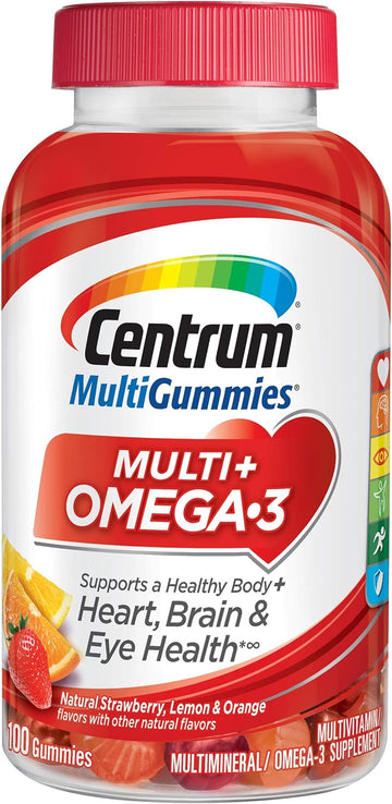 Centrum Multigummies Multi + Omega-3 Natural Strawberry, Lemon, Orange Avors Multivitamin/Multimineral Supplement Gummy, 100 Count