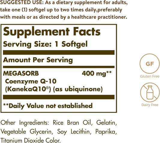 Solgar Megasorb CoQ-10 400 mg, 30 Softgels - Supports Heart & Brain Function - Coenzyme Q10 Supplement - Enhanced Absorption - Gluten Free, Dairy Free - 30 Servings