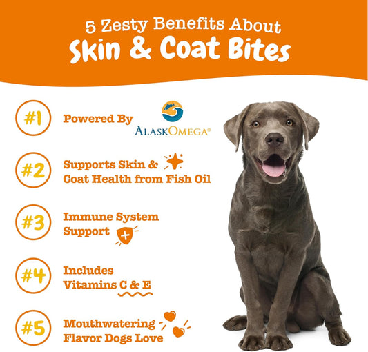 Zesty Paws Skin & Coat Bites For Dogs – Fish Oil Soft Chews With Omega-3 Fatty Acids Epa & Dha - Skin, Coat, Antioxidant & Immune Support – Chicken - 250 Count