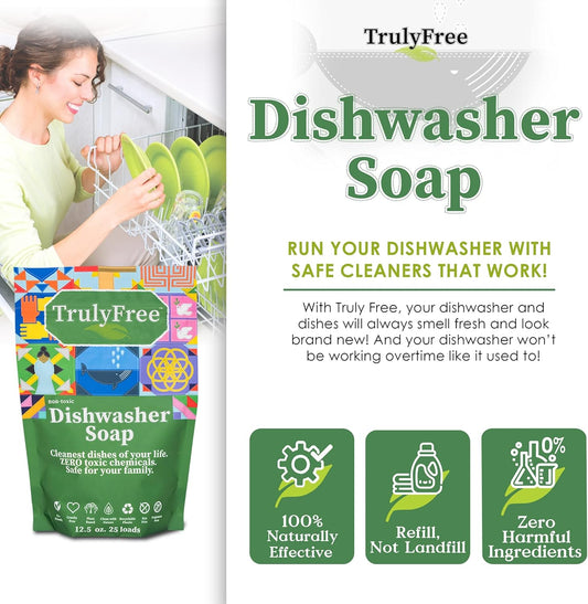 Truly Free Auto Dishwasher Soap, 12.5Oz Bag - Natural Concentrated Formula - Dish Soap, Dishwasher Detergent Cleaning Supplies, Hard Water Stain Remover, Sparkling Clean Dishes, No Harmful Ingredients