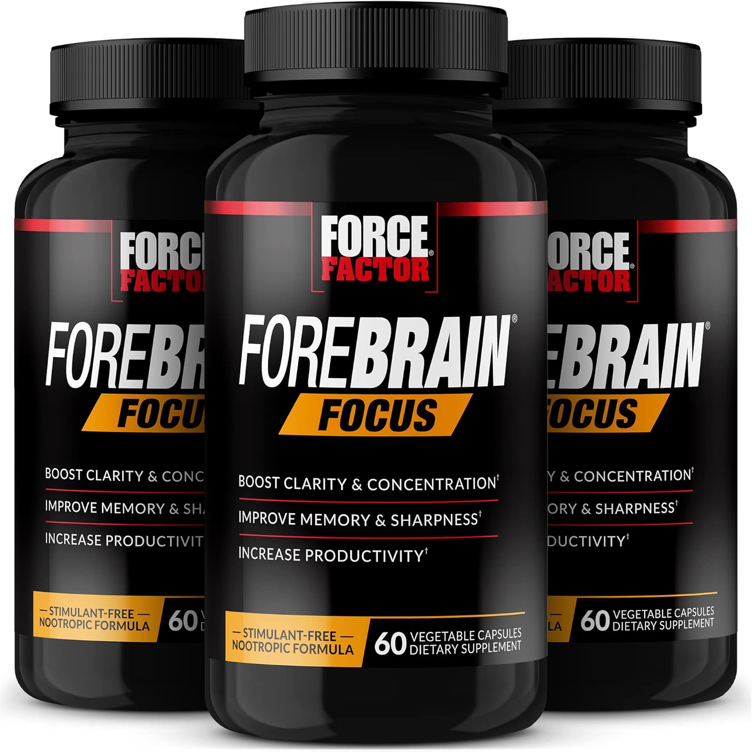 Force Factor Forebrain Focus Brain Booster, Brain Supplement To Boost Clarity & Concentration, Improve Memory & Increase Productivity, Nootropic Brain Support Supplement, 180 Capsules, Black