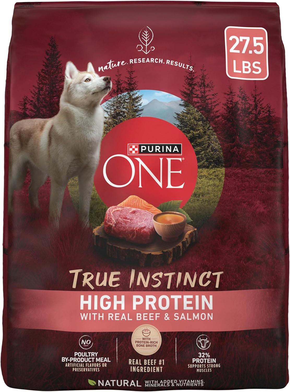 Purina ONE Natural High Protein Dry Dog Food Dry True Instinct with Real Beef and Salmon With Bone Broth and Added Vitamins, Minerals and Nutrients - 27.5 lb. Bag