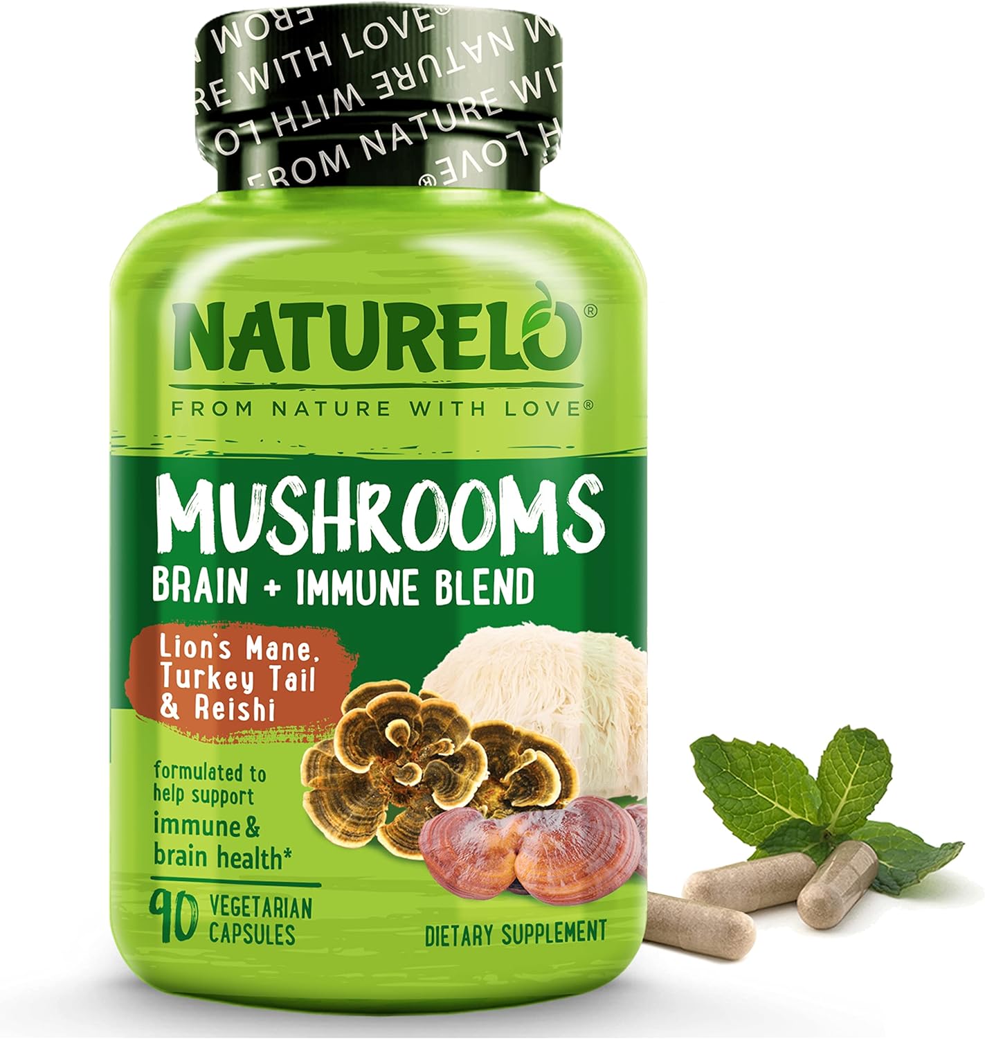 NATURELO Mushroom Supplement – Brain & Immune Health Blend with Lion’s Mane, Reishi, Turkey Tail – 90 Vegan Friendly Capsules