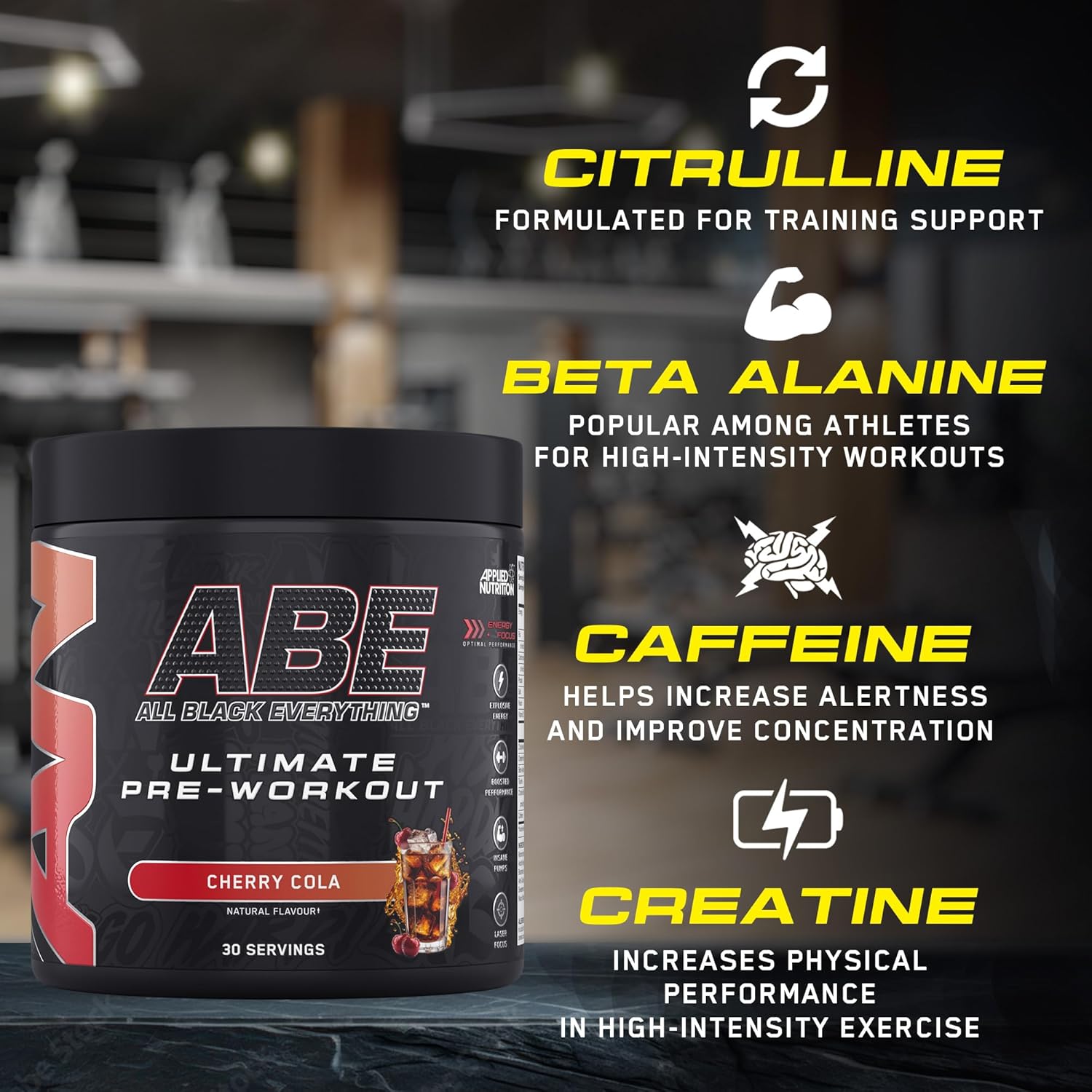 Applied Nutrition ABE Pre Workout - All Black Everything Pre Workout Powder, Energy & Physical Performance with Citrulline, Creatine, Beta Alanine (375g - 30 Servings) (Sour Gummy Bear) : Amazon.co.uk: Health & Personal Care
