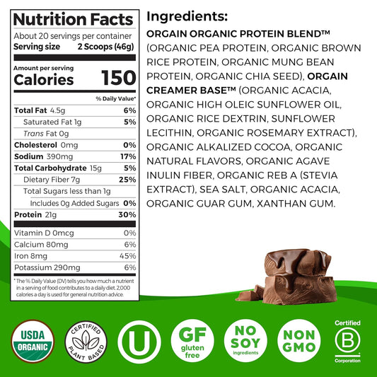 Orgain Organic Vegan Protein Powder, Creamy Chocolate Fudge - 21G Plant Protein, 7G Prebiotic Fiber, Low Net Carb, No Lactose Ingredients, No Added Sugar, Non-Gmo, For Shakes & Smoothies, 2.03 Lb