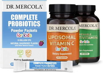 Dr. Mercola Premium Kids Supplement Pack (30 Servings), Chewable Multivitamin For Kids, Complete Probiotics Powder Packets For Kids, Liposomal Vitamin C For Kids, Non Gmo, Gluten Free, Soy Free