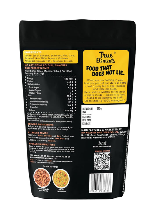 True Elements 9 In 1 Snack Mix 8.82 Oz - Mix Of Pumpkin, Watermelon, Flax, Chia, Sunflower, Peanuts, Soynuts, Almonds & Cashew Nuts