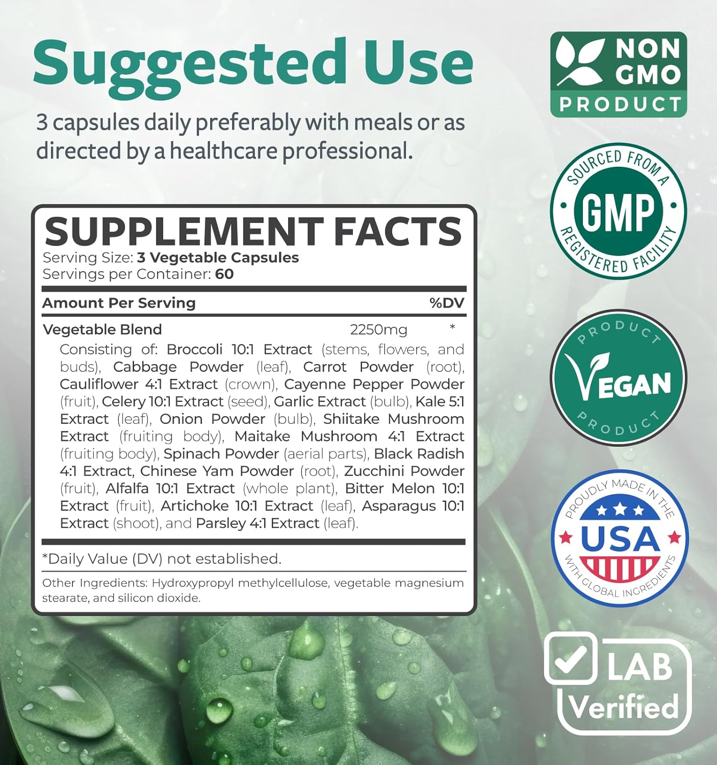 Super Greens Antioxidants Superfoods 2250Mg Supplement - 20 Ingredients With Sprouts, Mushrooms, Roots, Garlic, Bitter Melon, Artichoke, Celery Seed, Cayenne Pepper, Alfalfa Non Gmo - 180 Capsules : Health & Household