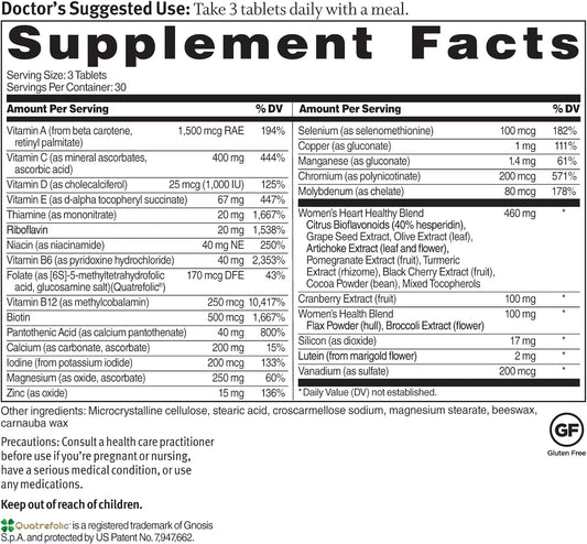 Dr. Sinatra Heart Healthy Multivitamin for Women with Vitamin D 1000 IU, A, B12, C, E, Biotin, Folate, and Zinc, 90 Tablets (30-Day Supply)