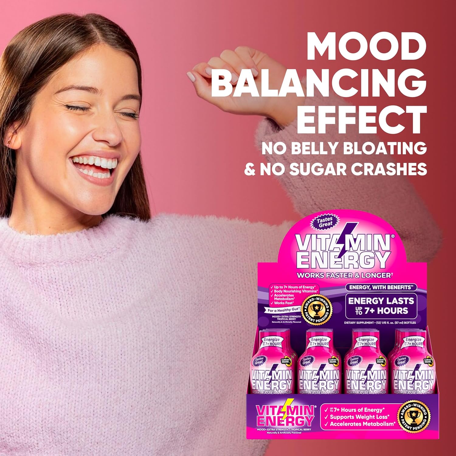 Mood Support Vitamin Energy Drink - Sugar Free, Keto/Vegan Friendly Shots | Mood Balancing with Rhodiola and Chamomile | Energize up to 7+ Hours | Tropical Berry - 1.93 Fl Oz - Pack Of 24 : Health & Household