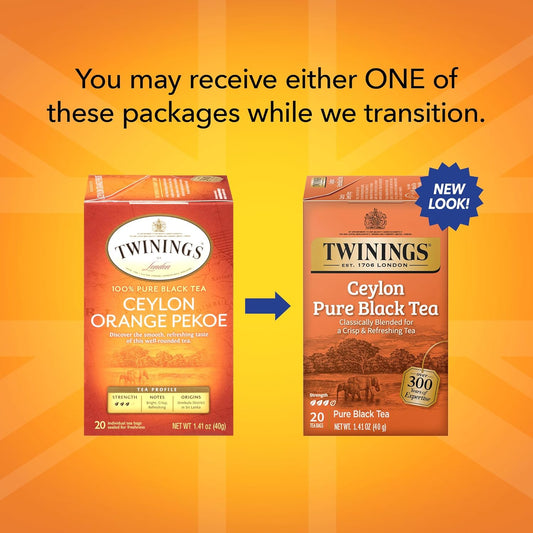 Twinings Ceylon Pure Black Tea - A Crisp, Refreshing Black Tea, Formerly Orange Pekoe, Caffeinated Tea Bags, Individually Wrapped, 20 Count (Pack Of 2)