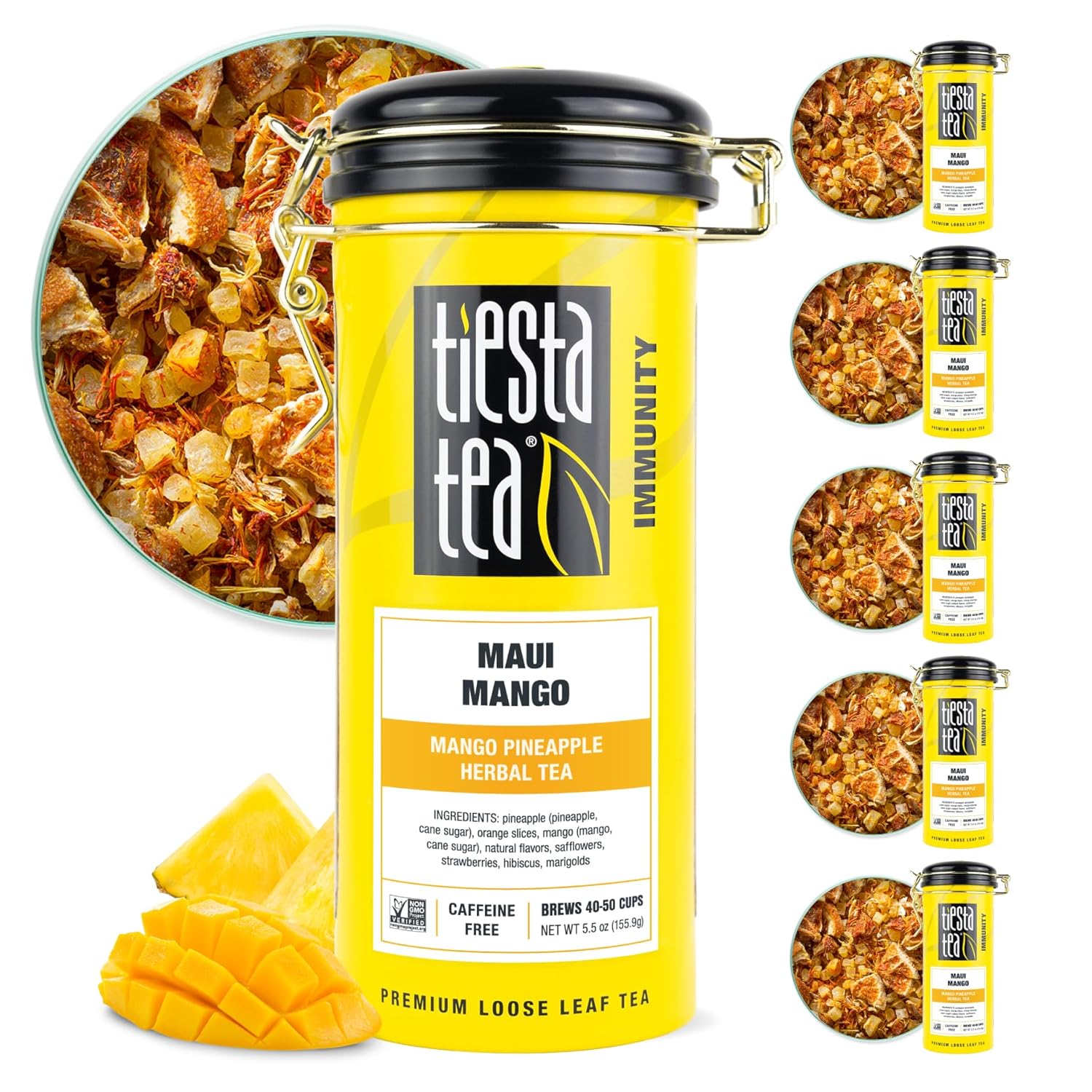 Tiesta Tea - Maui Mango | Mango Pineapple Herbal Tea | Premium Loose Leaf Tea Blend | Non-Caffeinated Fruit Tea | Make Hot Or Iced Tea & Brews Up To 50 Cups - 33 Ounce Refillable Tin, Pack Of 6