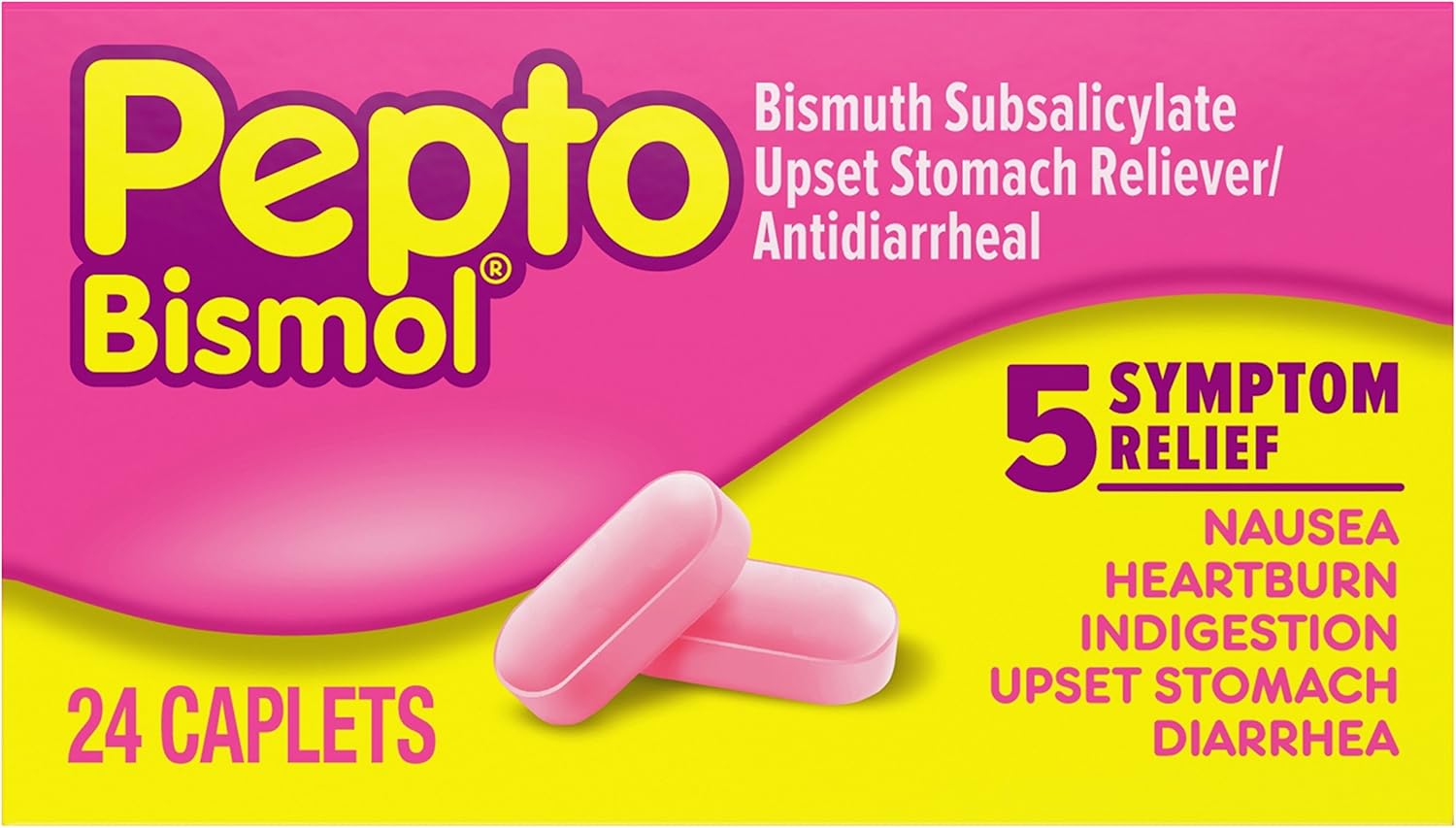 Pepto Bismol Caplets, 24 Count, For Relief Of Gas, Anti Diarrhea, Heartburn, Nausea, Upset Stomach, And Indigestion