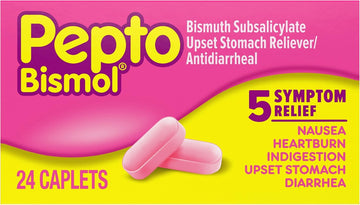 Pepto Bismol Caplets, 24 Count, For Relief Of Gas, Anti Diarrhea, Heartburn, Nausea, Upset Stomach, And Indigestion