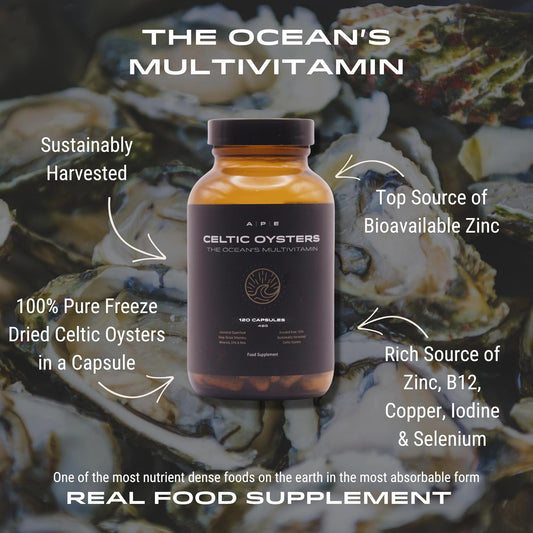 Ape Nutrition Celtic Oyster Capsules - Copper Zinc Iodine Selenium B12, Dha & Epa, Natural Multivitamin, Ancestral Supplement Uk, Sustainably Harvested, Oyster Extract, 300Mg Capsules