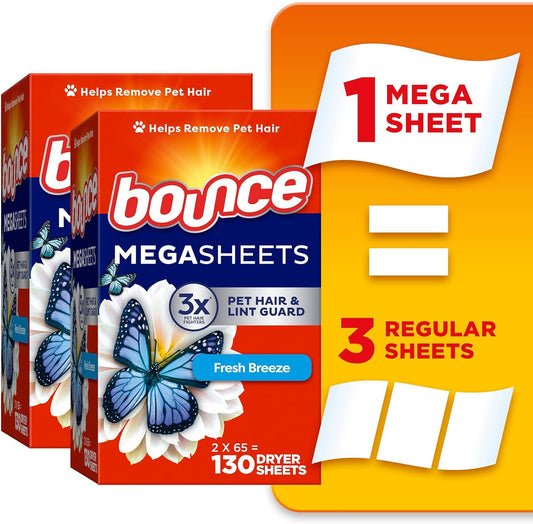 Bounce Mega Dryer Sheets, Fresh Breeze, 130 Count (Packaging May Vary)