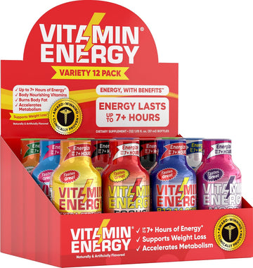 Vitamin Energy Variety | Wellness Shots | Natural Healthy Energy, Focus, Immune, & Sleep Drinks | Sugar & Carb-Free Supplement | Vitamins & Nutrients Energize Up To 7+ Hours | 1.93 Fl Oz (Pack Of 12)