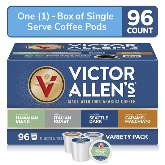 Victor Allen'S Coffee Variety Pack (Kona Blend, Italian Roast, Seattle Dark, Caramel Macchiato), 96 Count, Single Serve Coffee Pods For Keurig K-Cup Brewers