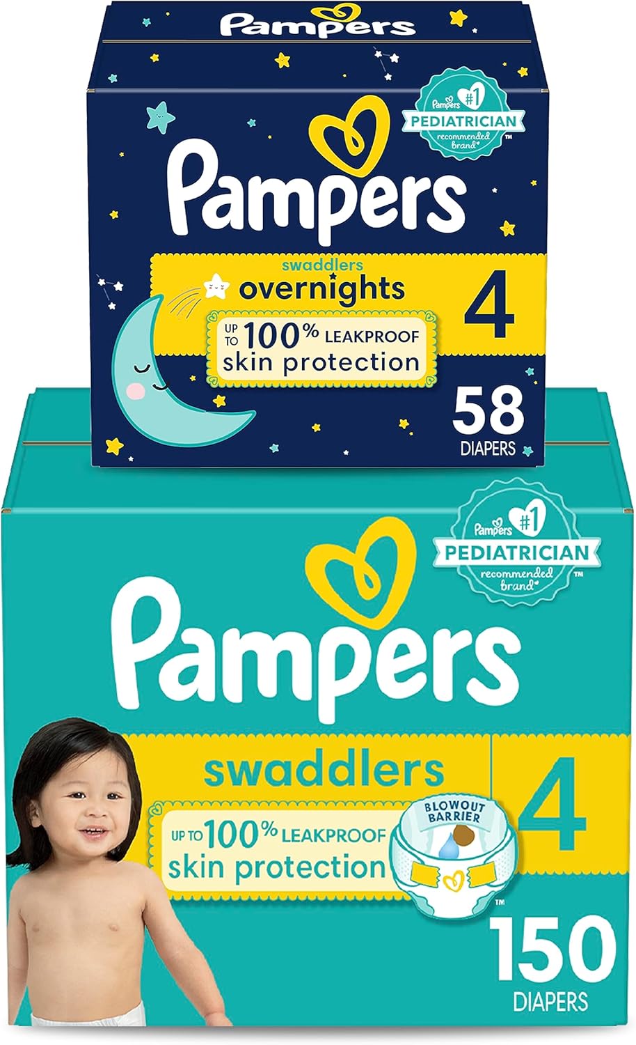 Pampers Disposable Diapers Size 4, Swaddlers One Month Supply (150 Count) + Overnight (58 Count)