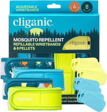 Cliganic Mosquito Repellent Pack (4 Wristbands + 8 Refill Pellets) - Adjustable, Natural Deet-Free, Essential Oil Infused