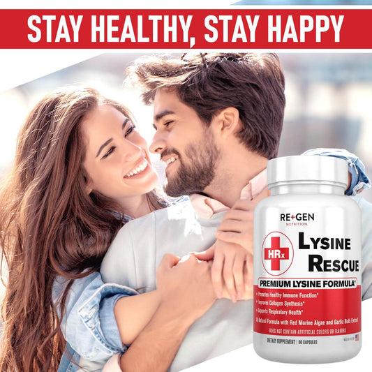 Re+Gen Nutrition Lysine Rescue, Amino Acid Supplement for Stronger Immune Health & Collagen Synthesis in Women & Men, Promotes Lips & Skin Health, Natural, Pure L-lysine, 90 Capsules, 45 Day Supply