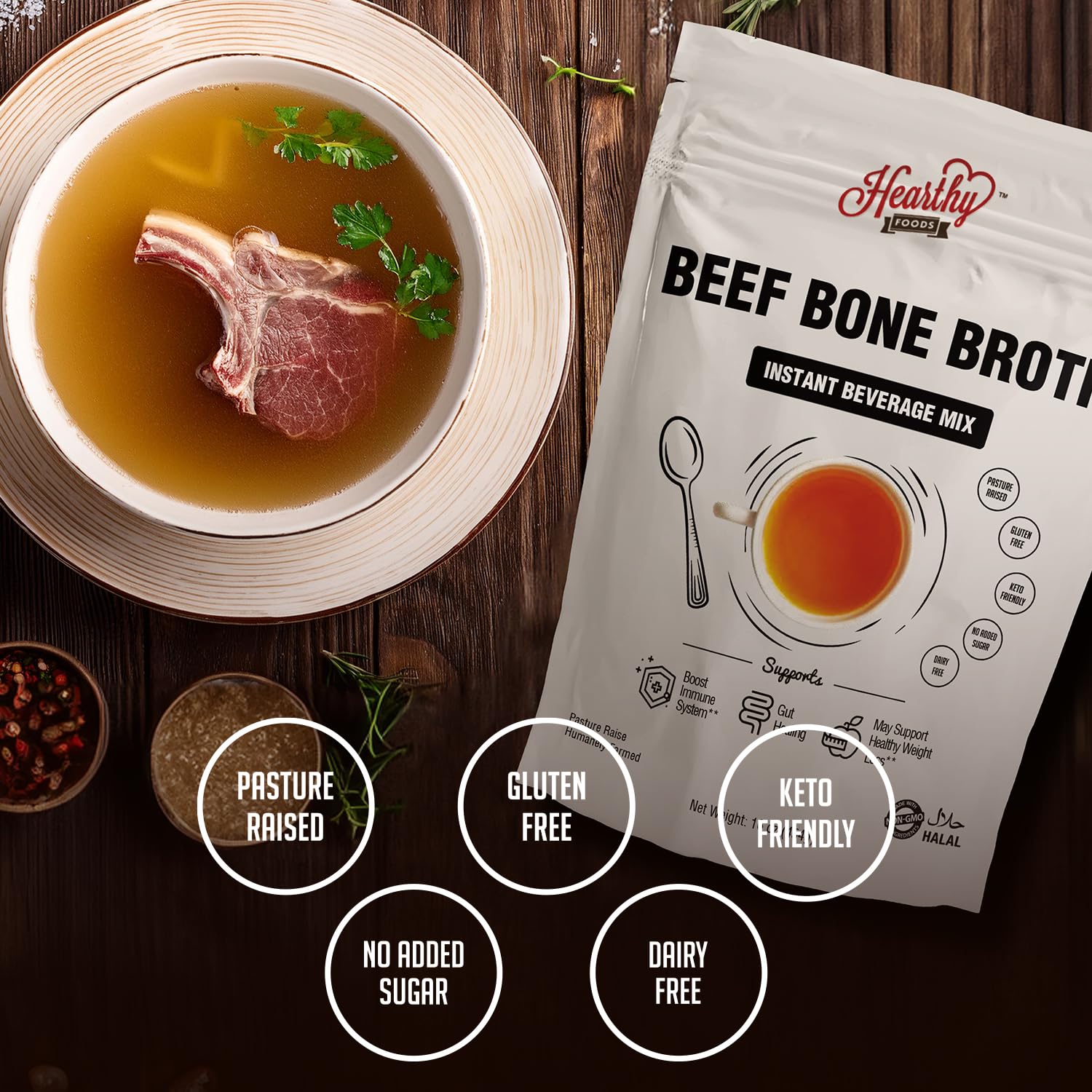 Hearthy Foods Beef Bone Broth Powder, Grass-Fed Hydrolyzed Bovine Bone Broth, Keto And Paleo Friendly Strengthens Immunity, Supports Bone Health, Halal Certified, Non-Gmo, 16 Oz. 454G