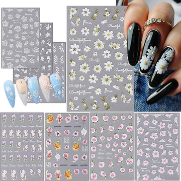 8 Pcs Self-Adhesive Nail Stickers, 5D Embossed Engraved Flower Nail Art Stickers, Nail Decorations Accessories