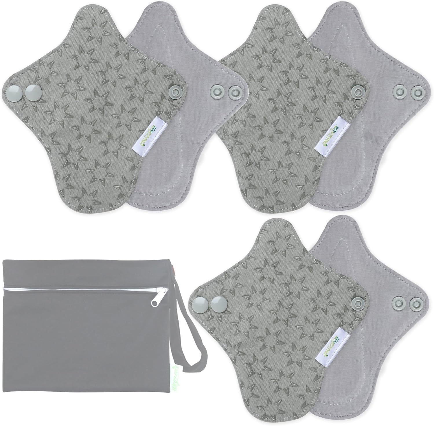 wegreeco 6 Pcs Reusable Menstrual Pads, Ultra Absorbent Cloth Pads for Heavy Flow, Sanitary Pads for Teens, Women, Nonslip, Grey Inner, Grey Outer, X-Small