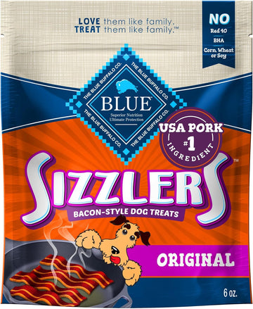 Blue Buffalo Sizzlers Natural Soft Dog Treats, Bacon-Style Soft-Moist Dog Treats with Real USA Pork, Original Flavor, 6-oz. Bag