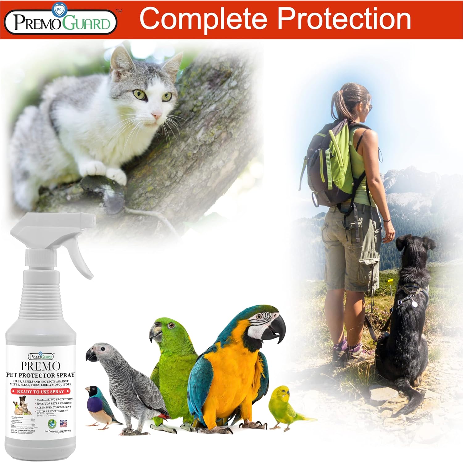 Pet Protector by Premo Guard 16 oz – 100% Effective Mite, Flea, Tick, & Mosquito Spray for Dogs, Cats, and Pets – Best Natural Protection for Control, Prevention, & Treatment : Premo Guard : Pet Supplies