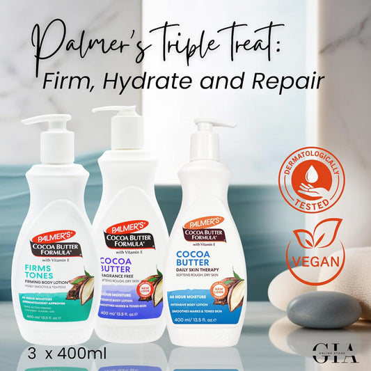 Palmer'S Cocoa Butter Bundle | Set Of 3 X 400Ml Lotions | Firms & Tones, Fragrance-Free & Skin Therapy | Hydrating, Nourishing & Firming | Ideal For Sensitive, Dry & All Skin Types