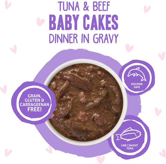 Weruva B.F.Omg - Best Feline Friend Oh My Gravy!, Tuna & Beef Baby Cakes With Tuna & Beef In Gravy Cat Food, 3Oz Pouch (Pack Of 12), Purple (0152)