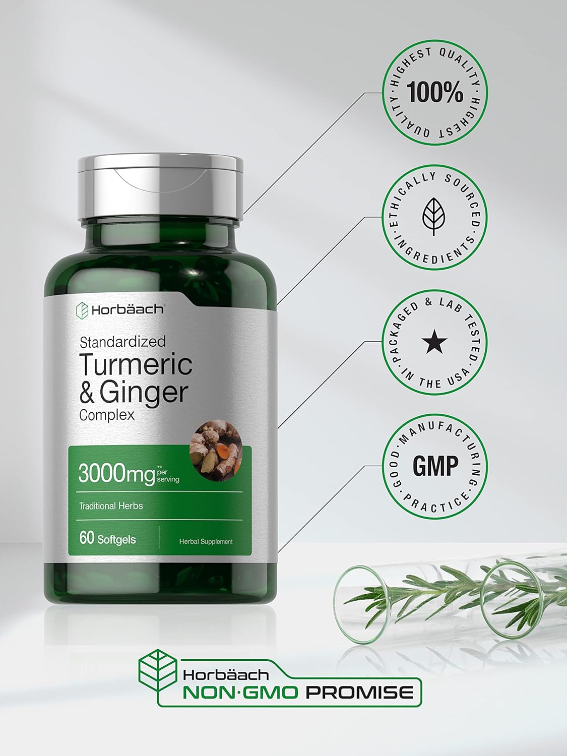 Horbäach Turmeric and Ginger Supplement 3000 mg | 60 Softgel Capsules | Turmeric Curcumin Complex with Black Pepper Extract | Non-GMO, Gluten Free : Health & Household