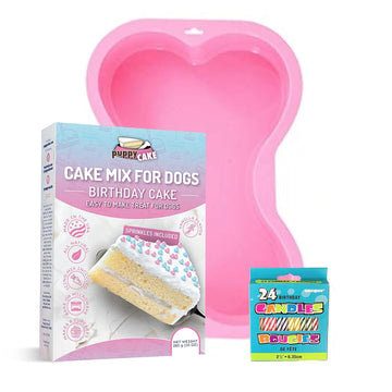 Puppy Cake Mix Dog Birthday Cake Kit, with Bone Silicone Pan and Candles (Birthday Cake, Pink) Made in USA