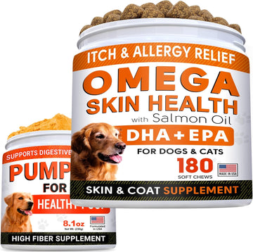 Fish Oil Omega 3 + Pumpkin For Dogs Bundle - Allergy And Itch Relief + Upset Stomach - Omega 6 9 - Epa & Dha + Pure Pumpkin Powder - Skin And Coat Supplement + Digestion - 180Ct + 8.1Oz - Made In Usa