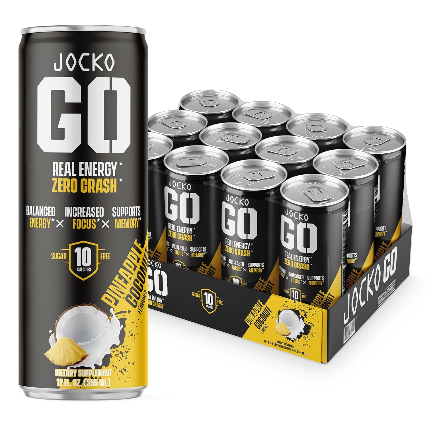 Jocko Go Energy Drink - Keto, Vitamin B12, Vitamin B6, Electrolytes, L Theanine, Magnesium- All Natural Energy Boost, Sugar Free Nootropic Monk Fruit Blend - 12 Pack (Pineapple Coconut Flavor)