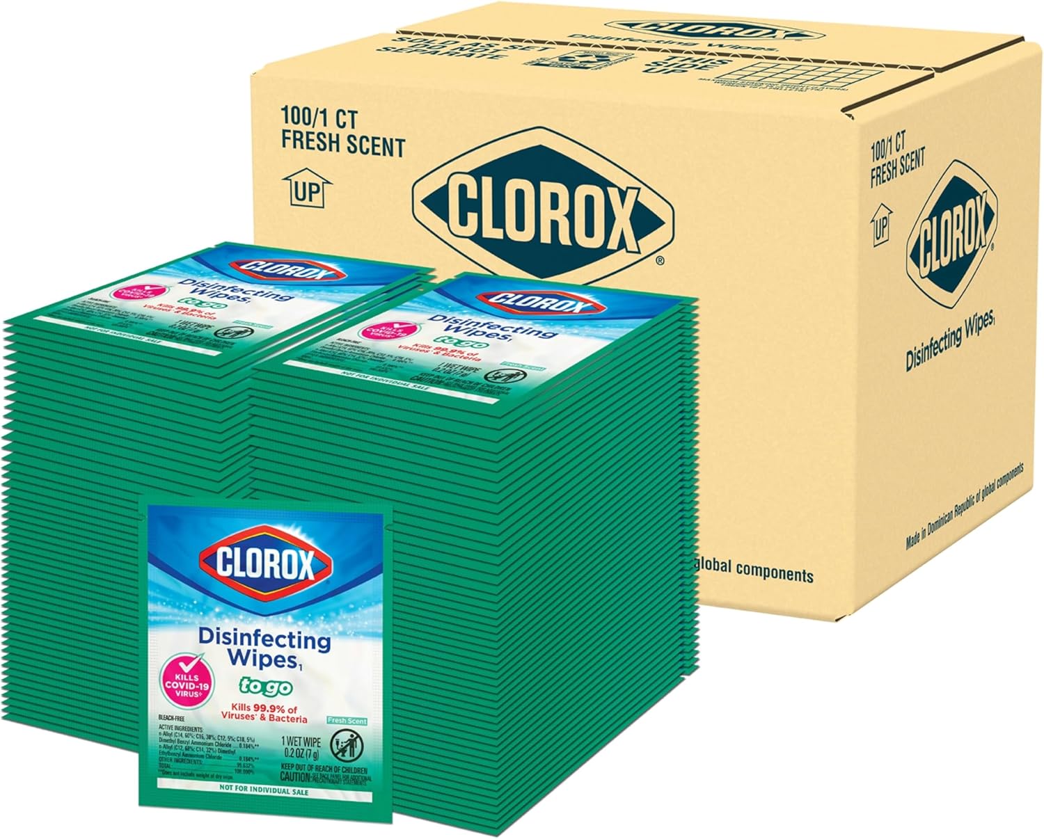 Clorox Disinfecting Wipes To Go, Bleach Free Cleaning Wipes, Household Essentials, Fresh Scent, Individually Wrapped, 1 Count Each, (Pack Of 100)