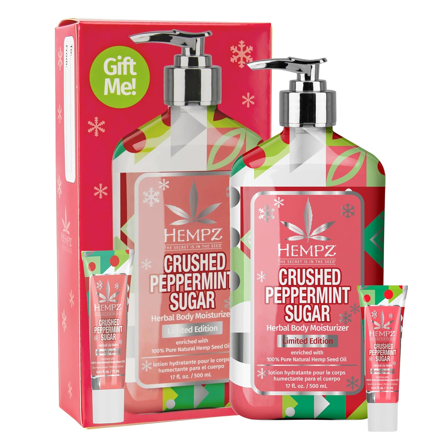 Hempz Crushed Peppermint Sugar Gift Set, Body Lotion And Lip Balm, For Men & Women