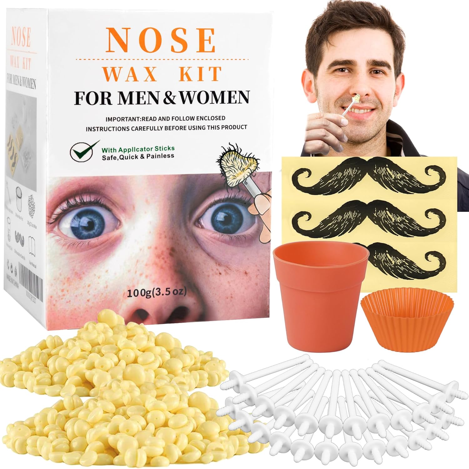 Nose Wax Kit From Cofashion - 50G Wax For Hair Removal, 20 Applicators (Up To 20 Uses), 10 Paper Cups For Nose And Ear Waxing