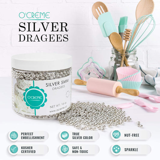 O'Creme Silver Dragees Cake Decorating Supplies For Bakers: Cookie, Cupcake & Icing Toppings, Bright Metallic Sphere Sprinkles Decoration, Certified, Decorating Sugar Ball Accents - 4Mm, 16 Oz