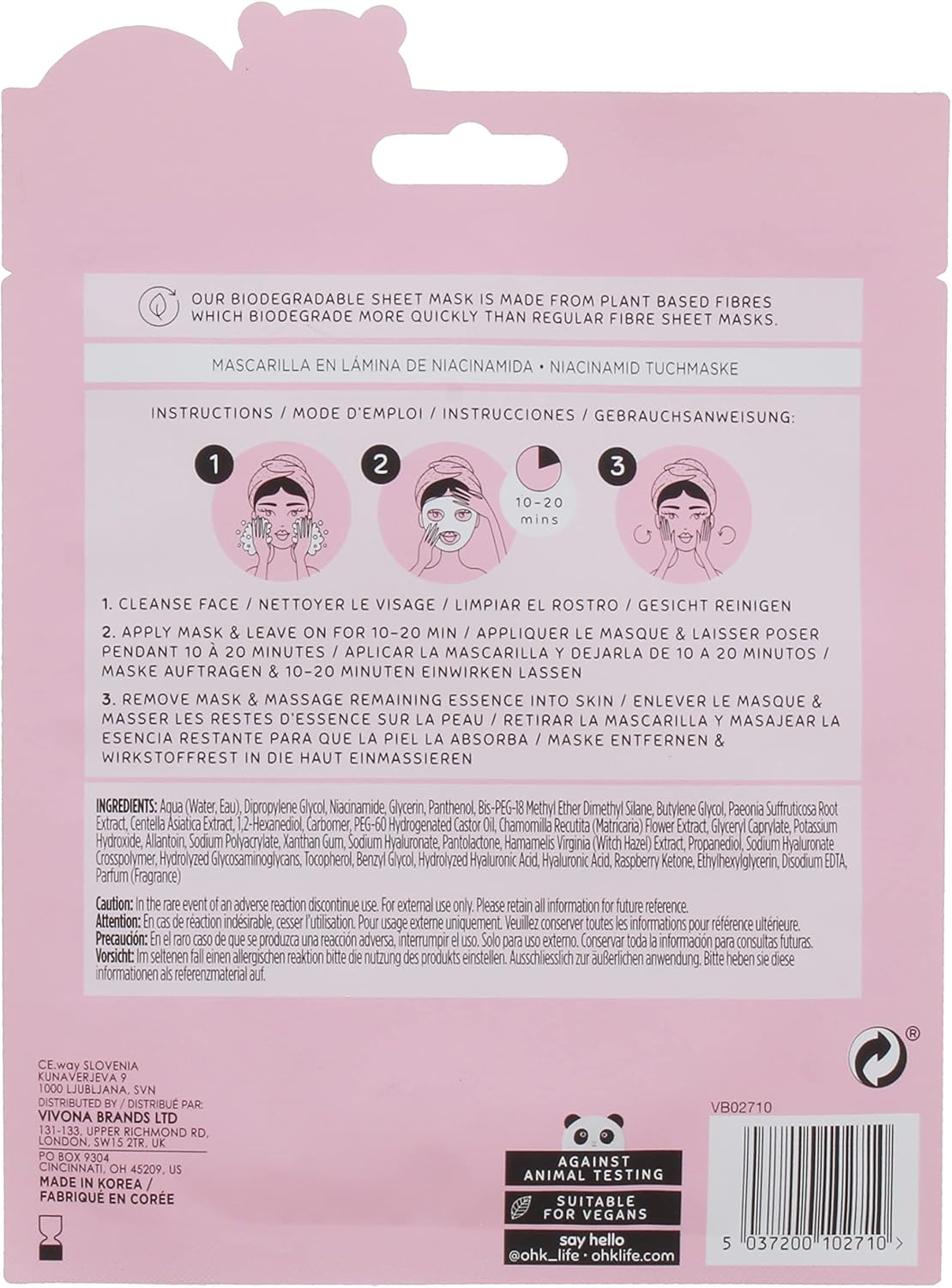 Oh K! Niacinamide Sheet Mask, For Oily Combination Skin, Purifying and Cleansing, Vegan and Cruelty Free, 45g (Pack of 2) : Amazon.co.uk: Beauty