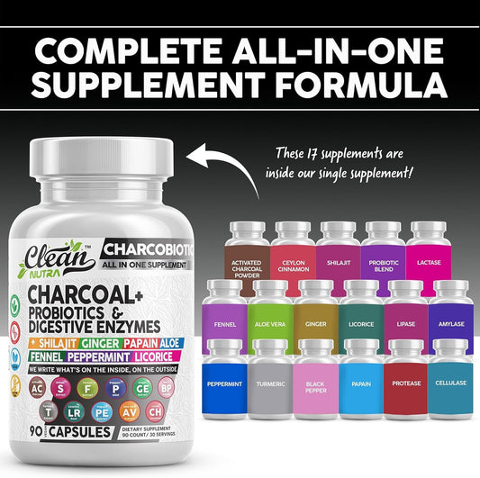 Clean Nutra Activated Charcoal Capsules Shilajit 5000Mg Pills Probiotic 200 Billion + Digestive Enzymes For Digestive Health With Peppermint Fennel Licorice Papain Ginger Turmeric | Gut Health