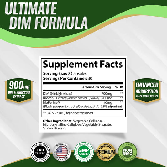 Dim Supplement 910 mg Plus BioPerine Complex - Diindolylmethane to Support Hormone Balance and Estrogen Metabolism, Helps with Menopause Acne PCOS Better Skin Bodybuilding, for Men Women, 60 Capsules