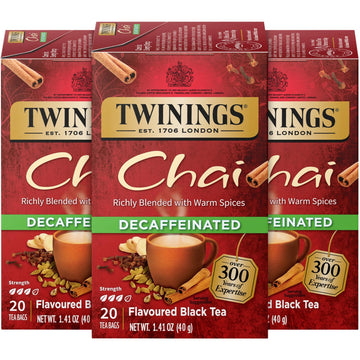 Twinings Decaffeinated Chai Tea, Black Tea Blend With Cinnamon, Ginger, Cardamon, 20 Count (Pack Of 3)
