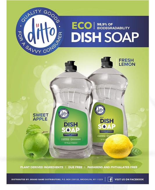 Vegan Eco Friendly Clear Dish Soap - Sweet Apple - 2 Pack (74 Fl Oz) - Bulk Dishwashing Liquid - Organic and Biodegradable - All Natural with No Harmful Chemicals